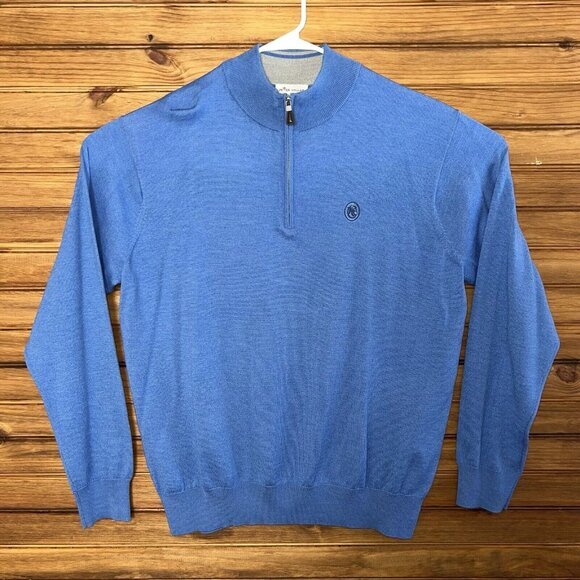 Peter Millar Sweater Men XL Merino Wool Silk Blend Quarter Zip Blue Leather Trim - Picture 2 of 9